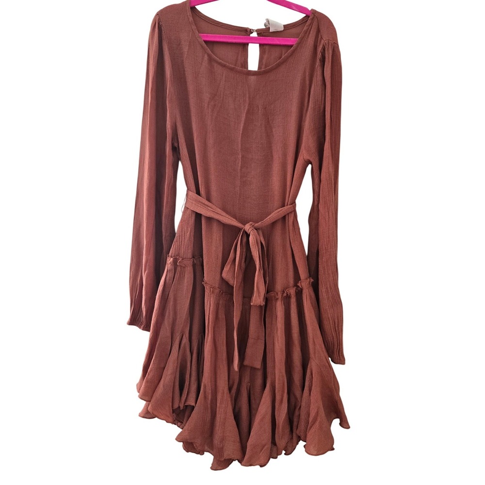 Flawless Terracotta Rust Tiered Mini Dress Long Sleeve Boho Gauze TD9760VG Small